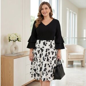 DRESS TELLS Floral & Black Cocktail Dress - Size L - Bell Sleeves